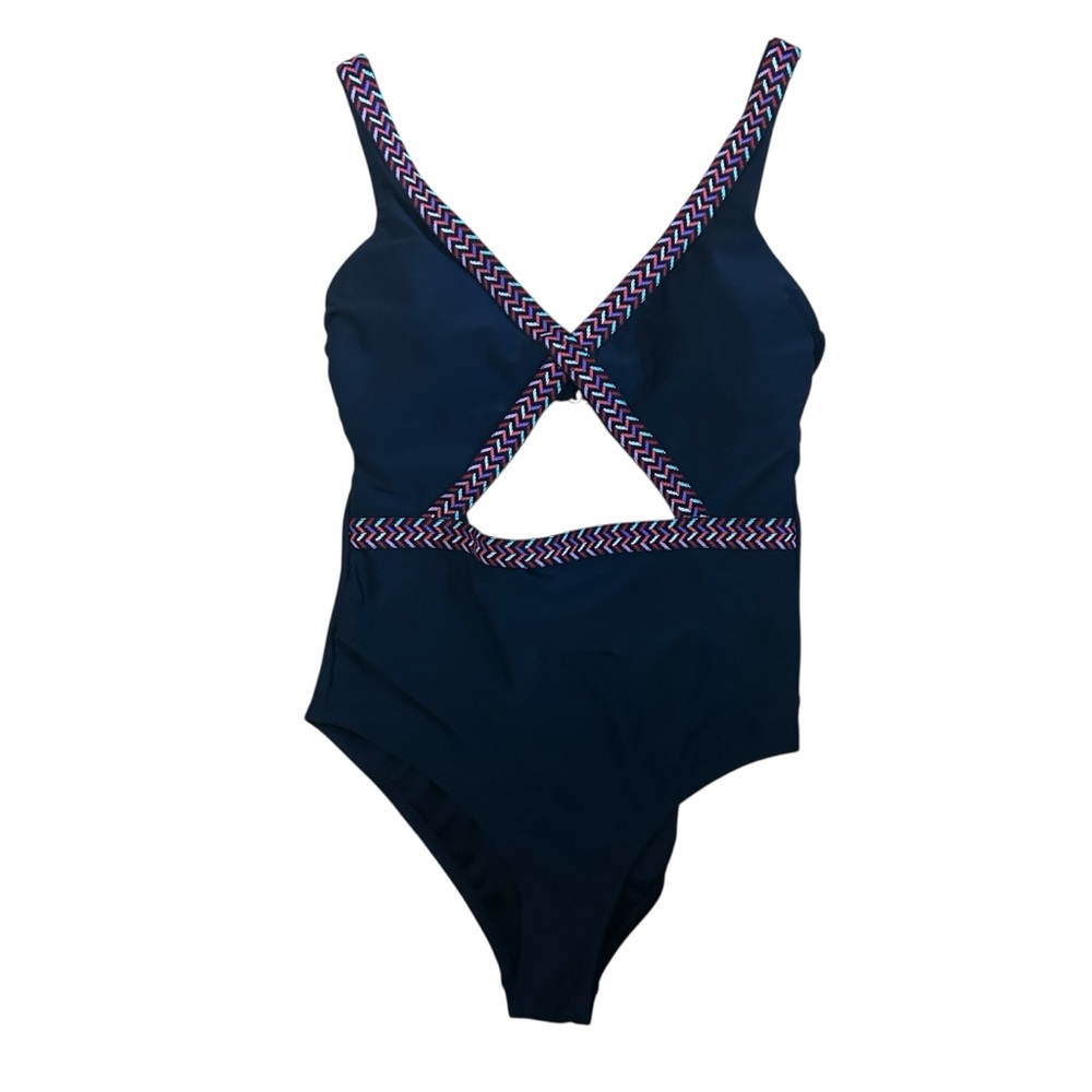 Black One-Piece Swimsuit with Patterned Straps